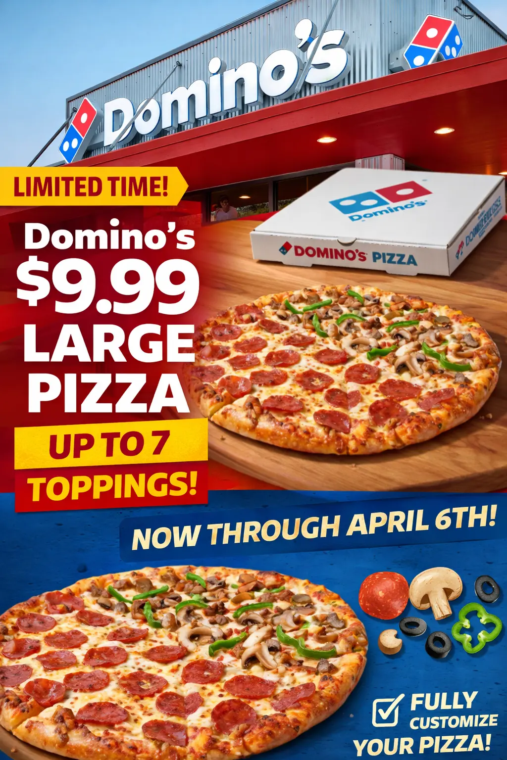 Domino’s $9.99 Large Pizza Deal: Up to 7 Toppings Sale