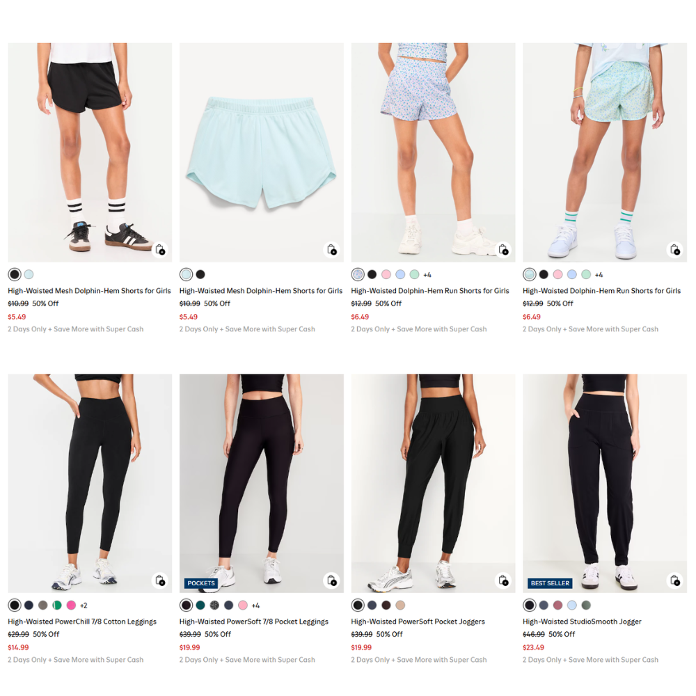 Activewear Sale Up to 50% Off + Save More with Super Cash at Old Navy