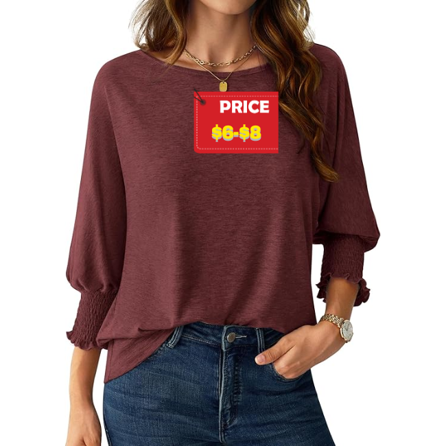 Women’s 3/4 Sleeve Loose Fit Smocked Cuffs Blouses