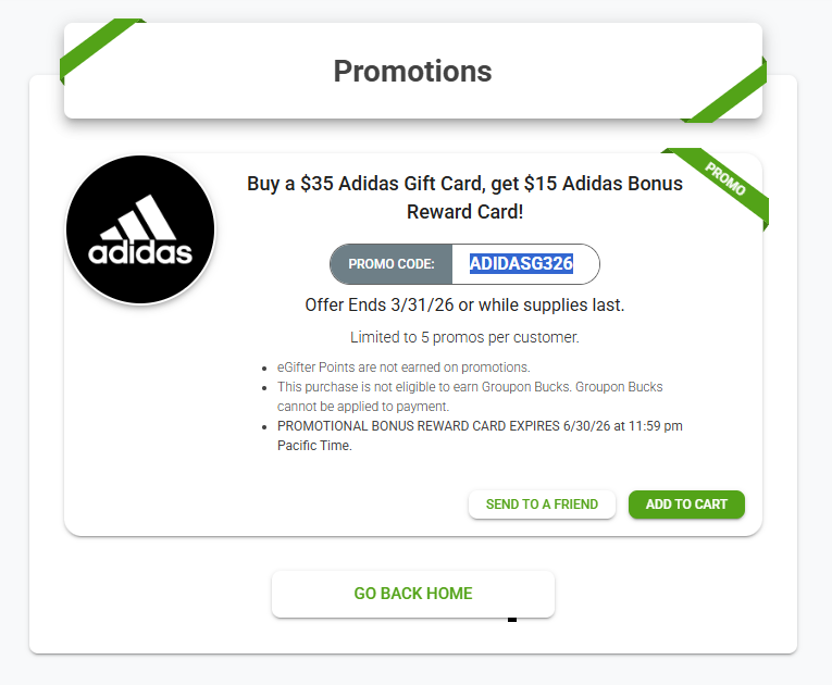 Adidas Gift Card Deal: Get $15 Bonus Reward Card at Groupon