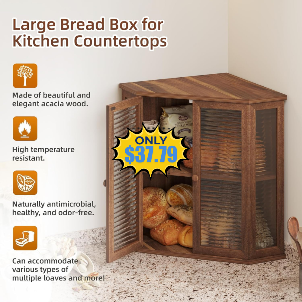 Extra Large Acacia Wood Corner Bread Box