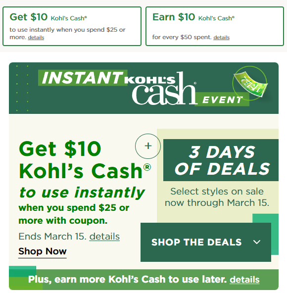 Kohl’s Cash Deal: Earn $10 Cash for Every $50 Spent, Save $10 at $25