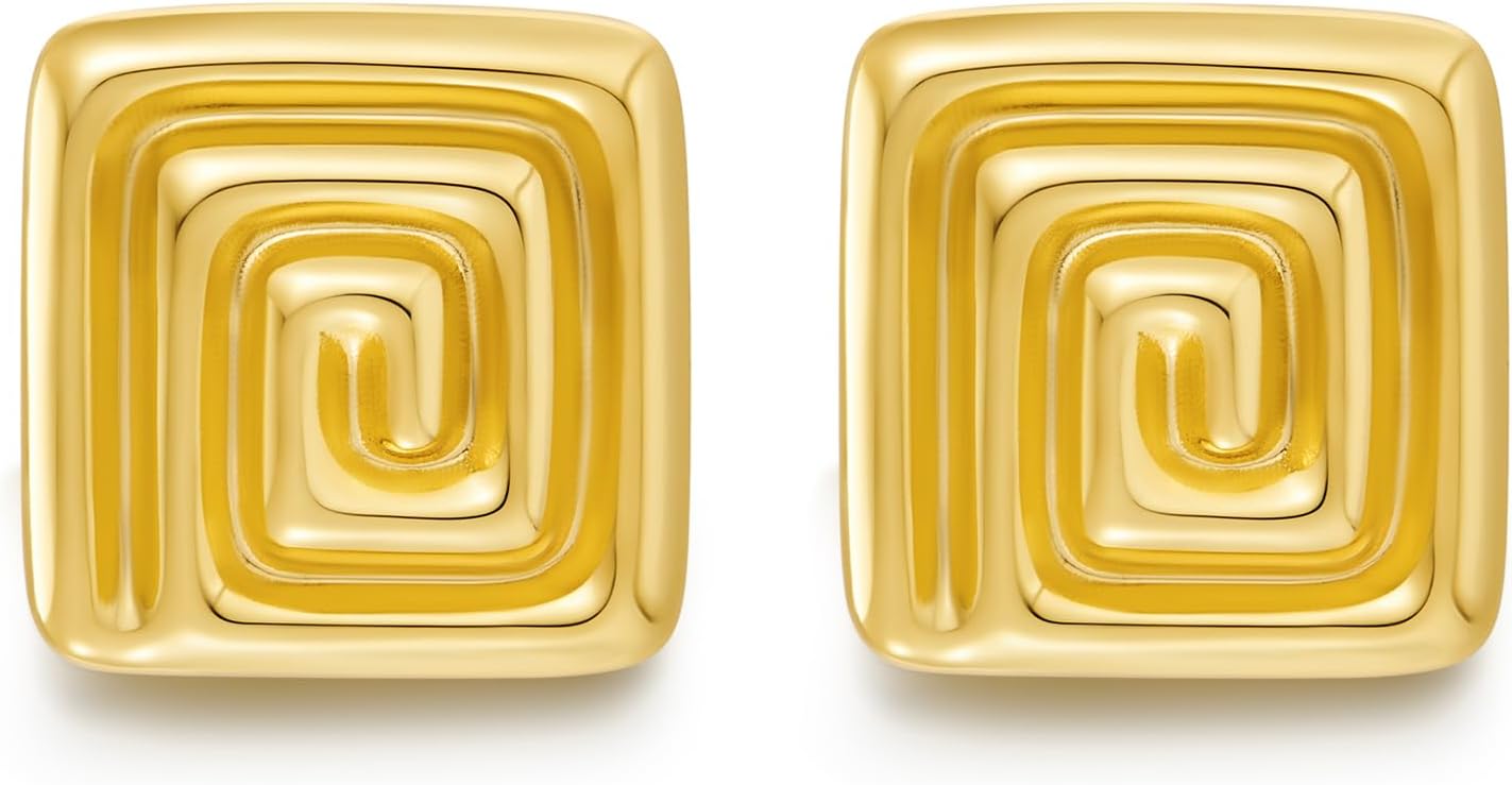 HESSAWELL Gold Square Stud Earrings Statement Spiral Earrings for Women Birthday