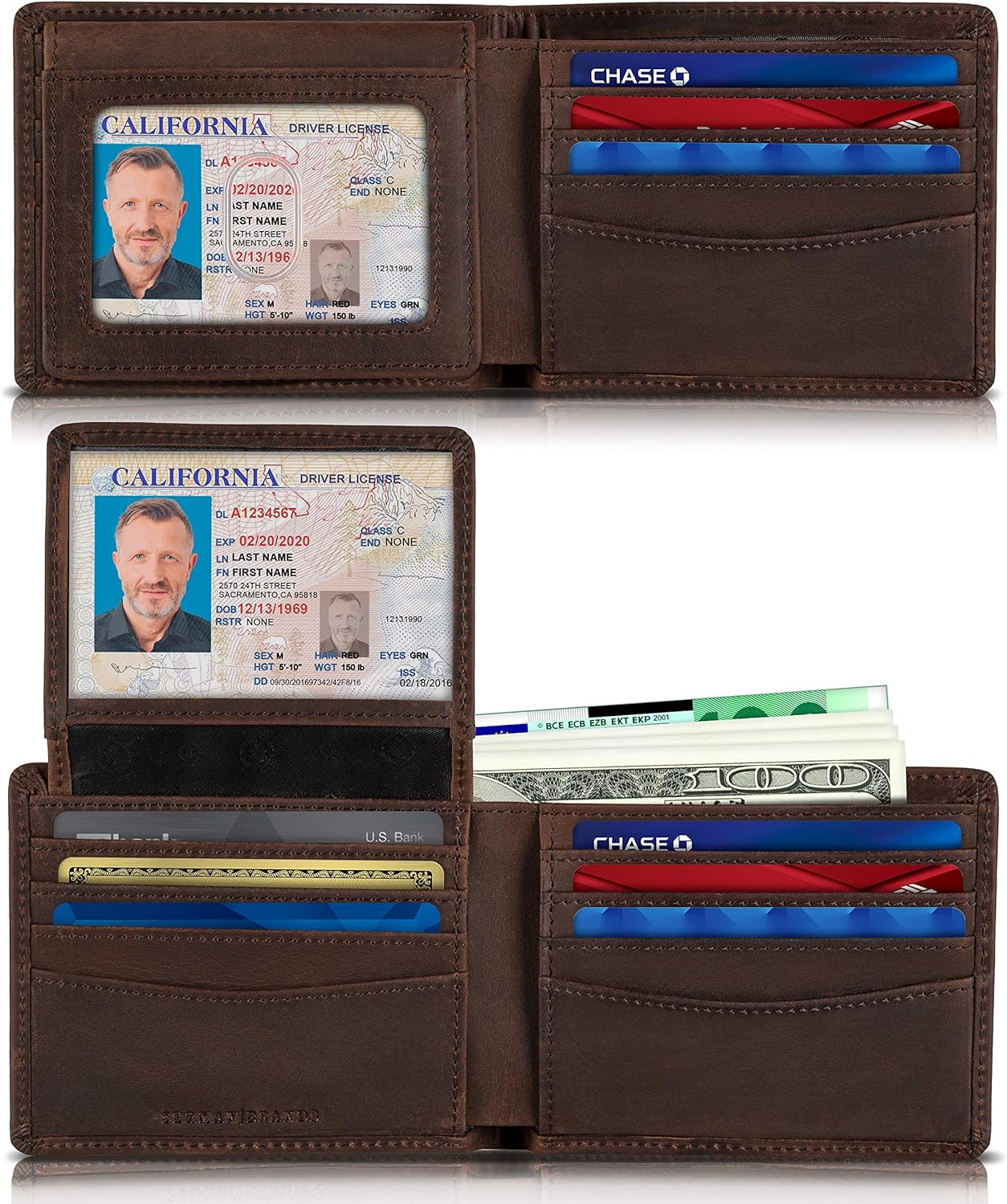 SERMAN BRANDS 2 ID Window Wallet for Men RFID Blocking Leather, Bifold Top Flip,