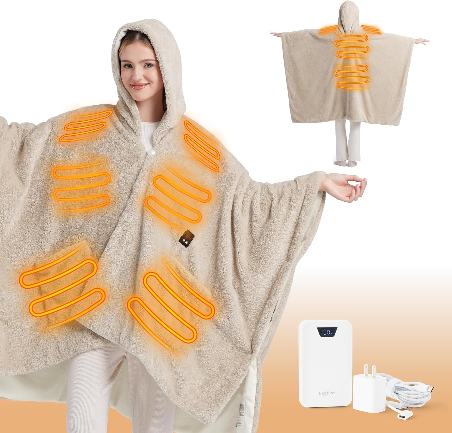 Bedsure Cordless Wearable Heated Blanket - Fluffy Electric Blanket Hoodie with 2
