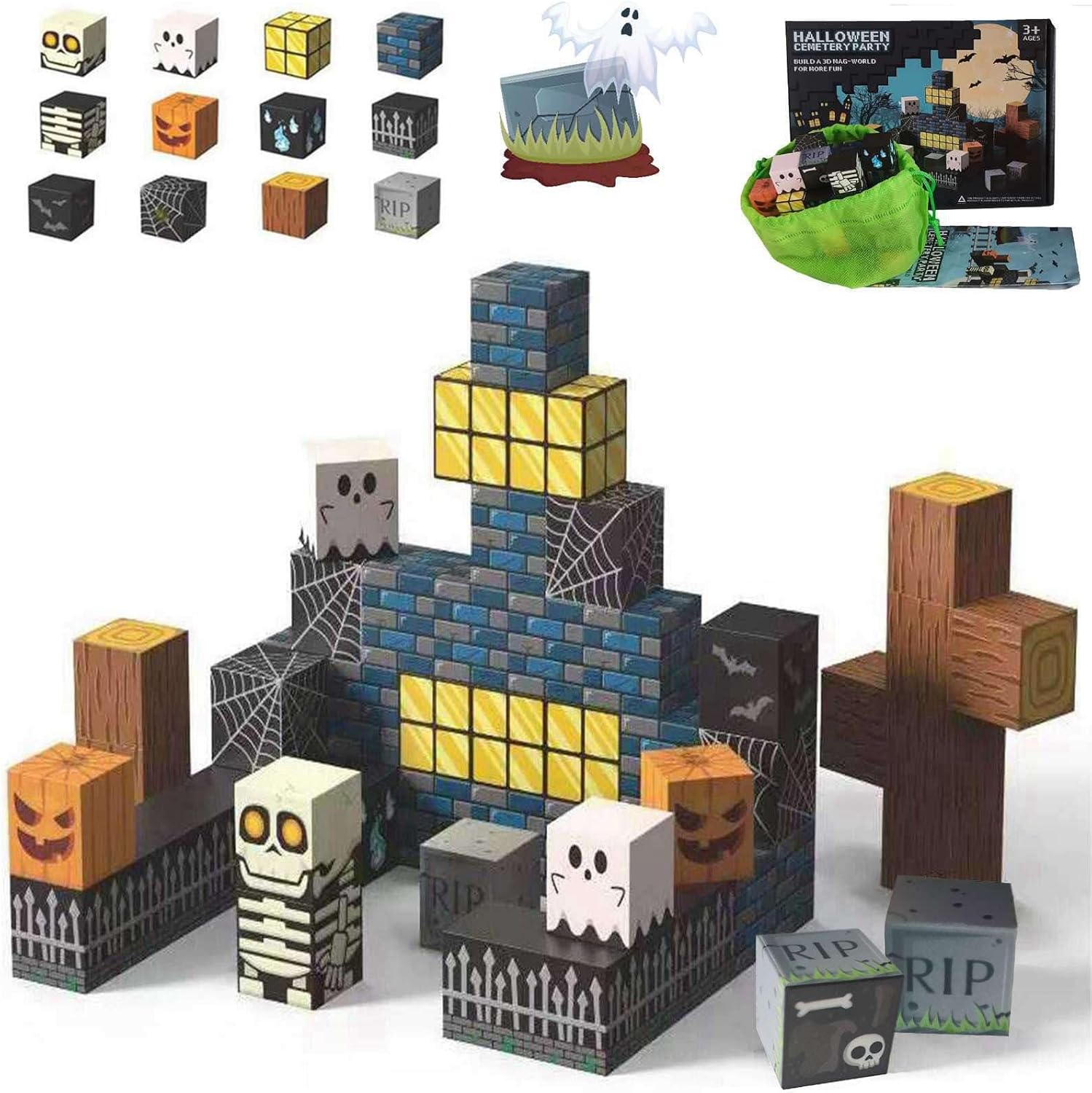 amdohai Magnetic Blocks Kids Skeleton Toy Spooky Town Building Magnetic Tiles Ha