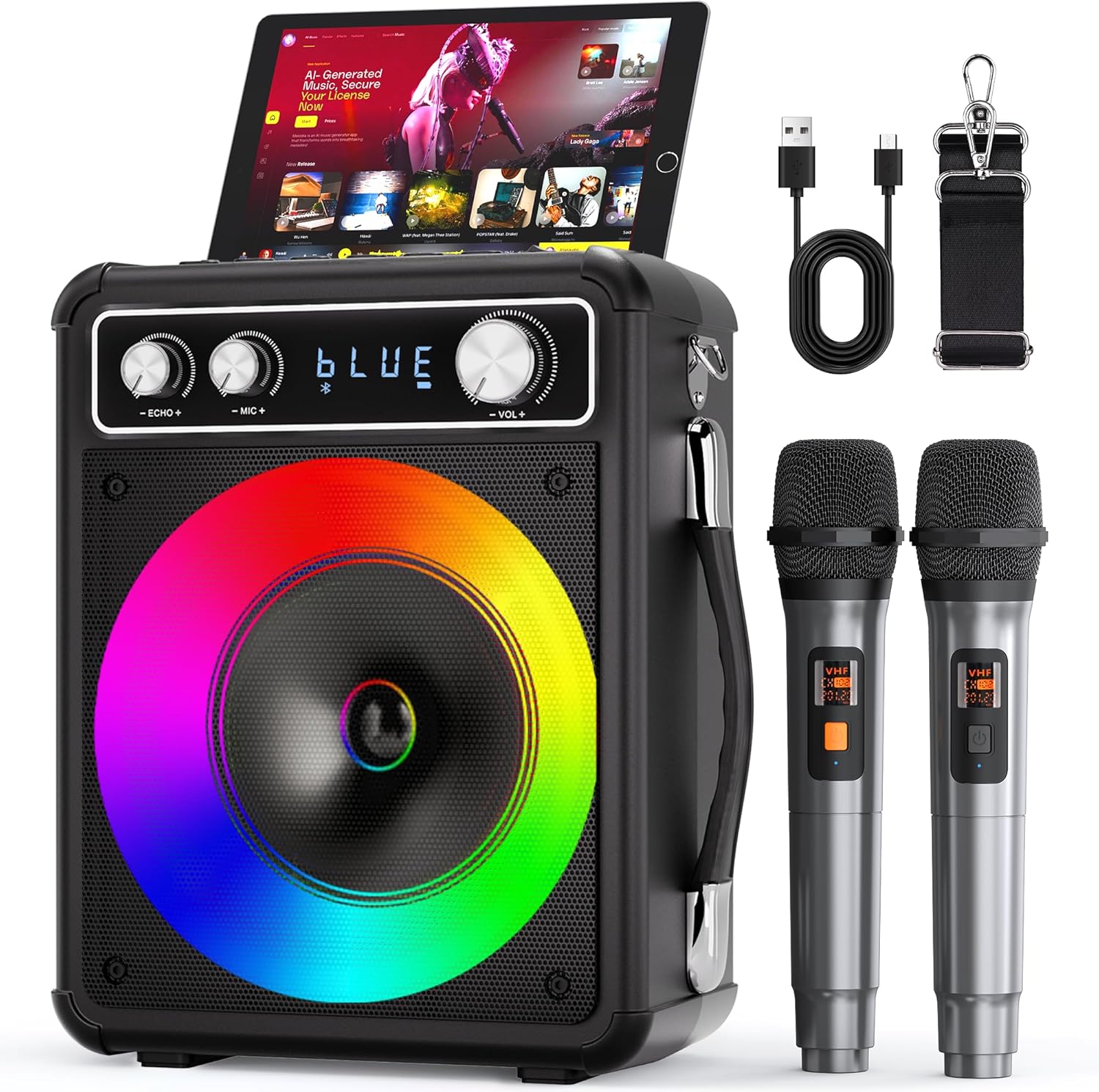 VOSOCO Karaoke Machine with 2 Wireless Microphones, Portable Bluetooth Speaker f
