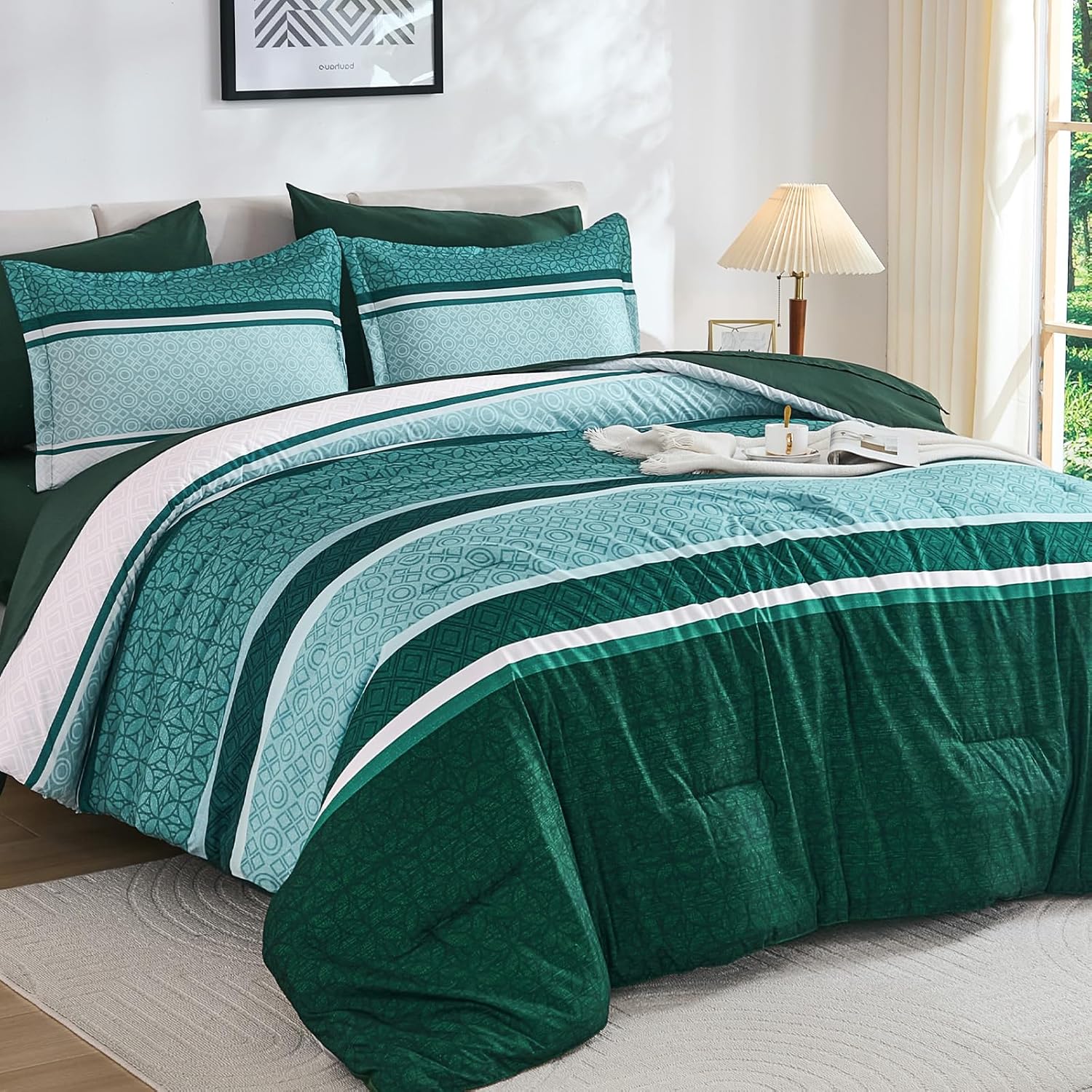 WONGS BEDDING 7 Pieces Comforter Set King Size, Green Striped Bed in a Bag Comfo