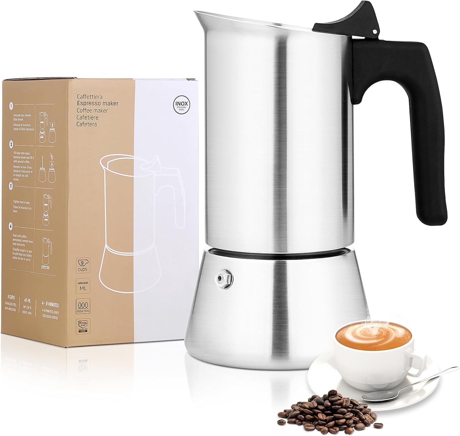 VONATES Stovetop Espresso Maker Stainless Steel Moka Pot, 9 cup Espresso Coffee 