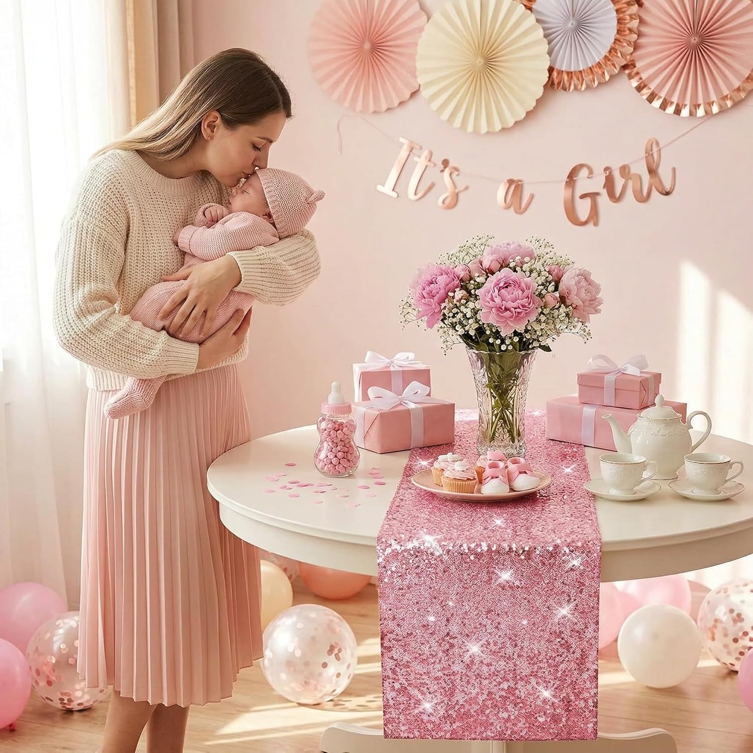 yuboo Pink Table Runners Sequin - Glitter Table Runner Cloth for Birthday Weddin