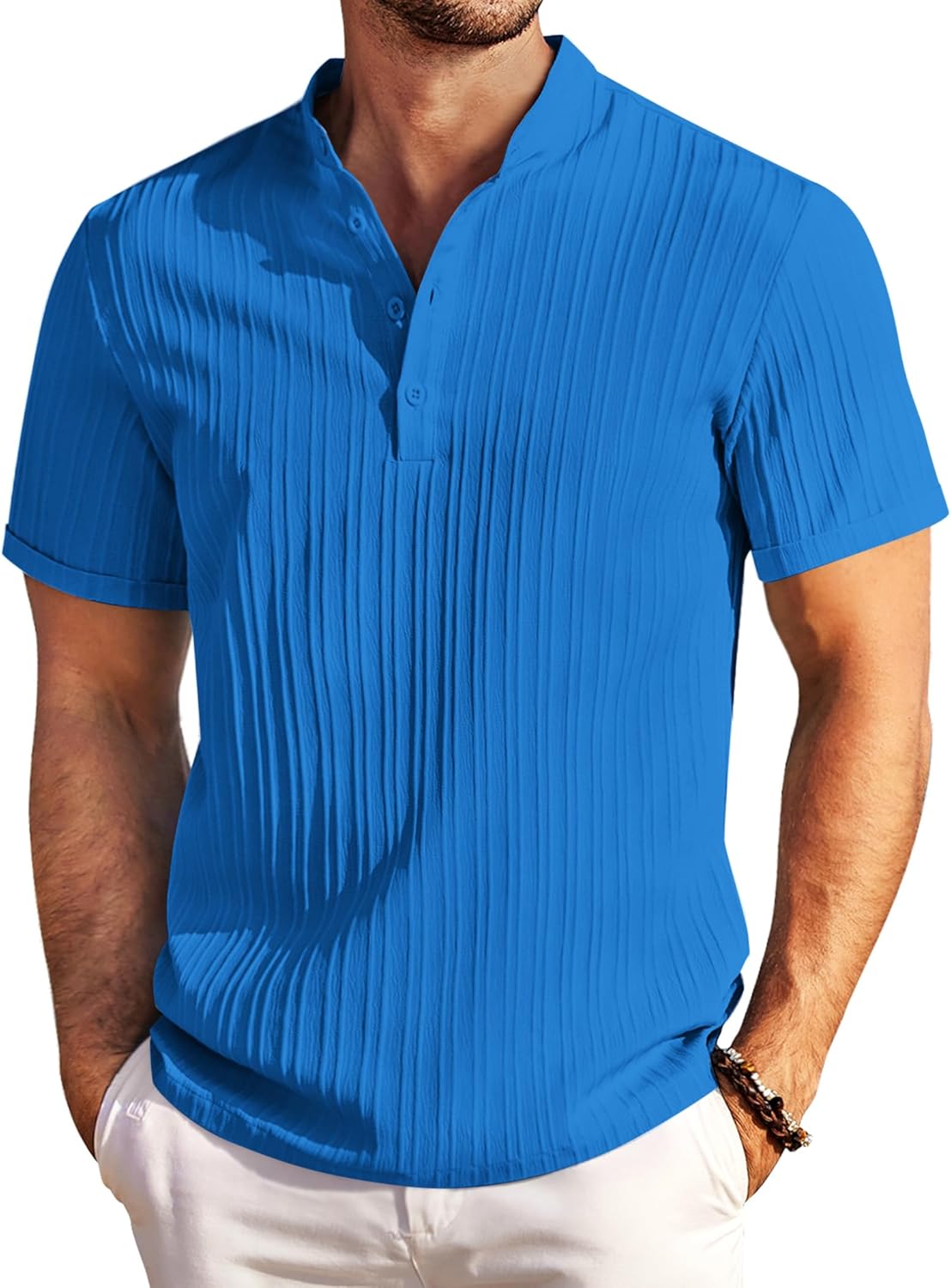 COOFANDY Men Summer Henley Tee Shirt Band Collar Short Sleeve Beach Hippie T-Shi