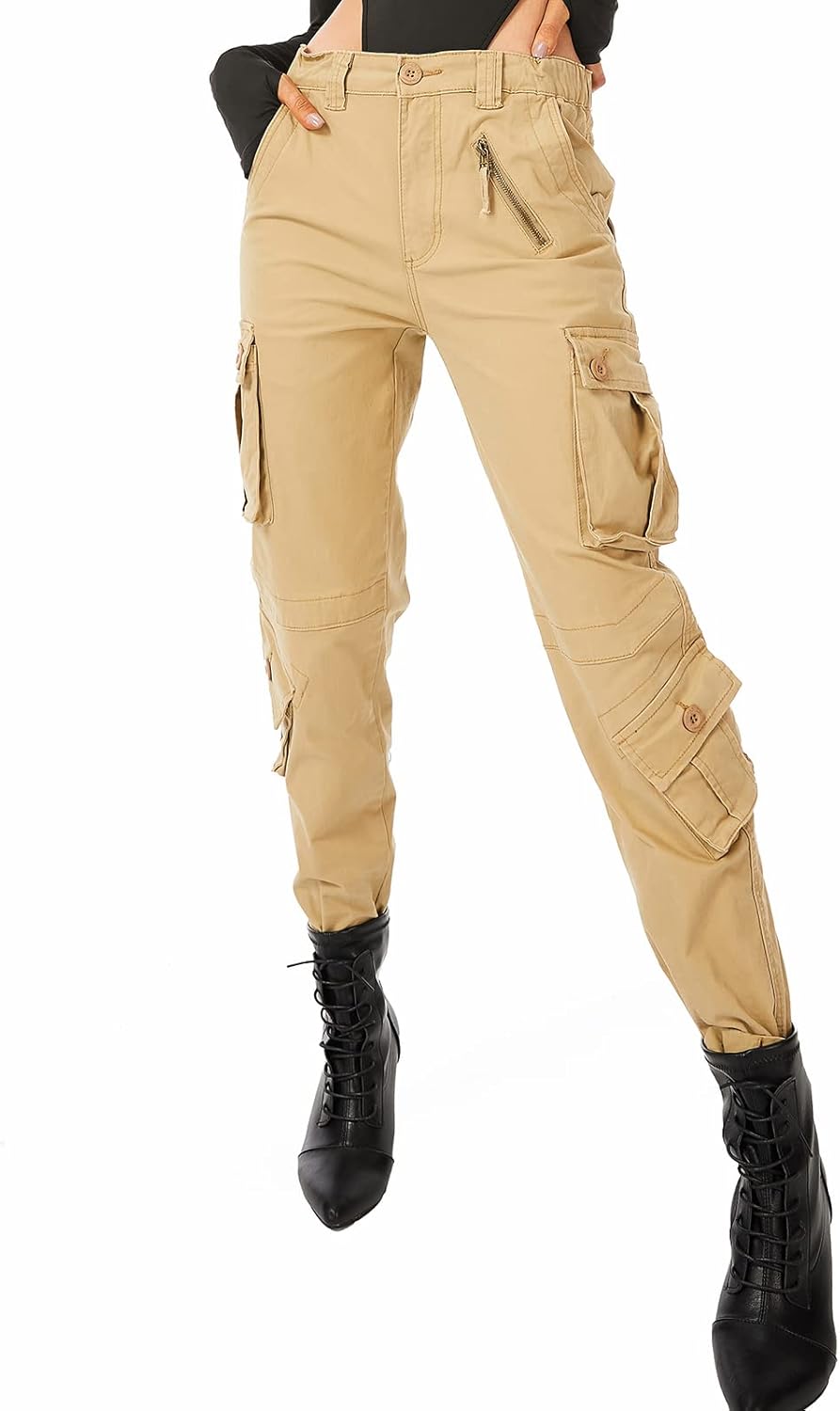 Women's Cotton Casual Military Army Cargo Combat Work Pants with 8 Pocket Khaki 