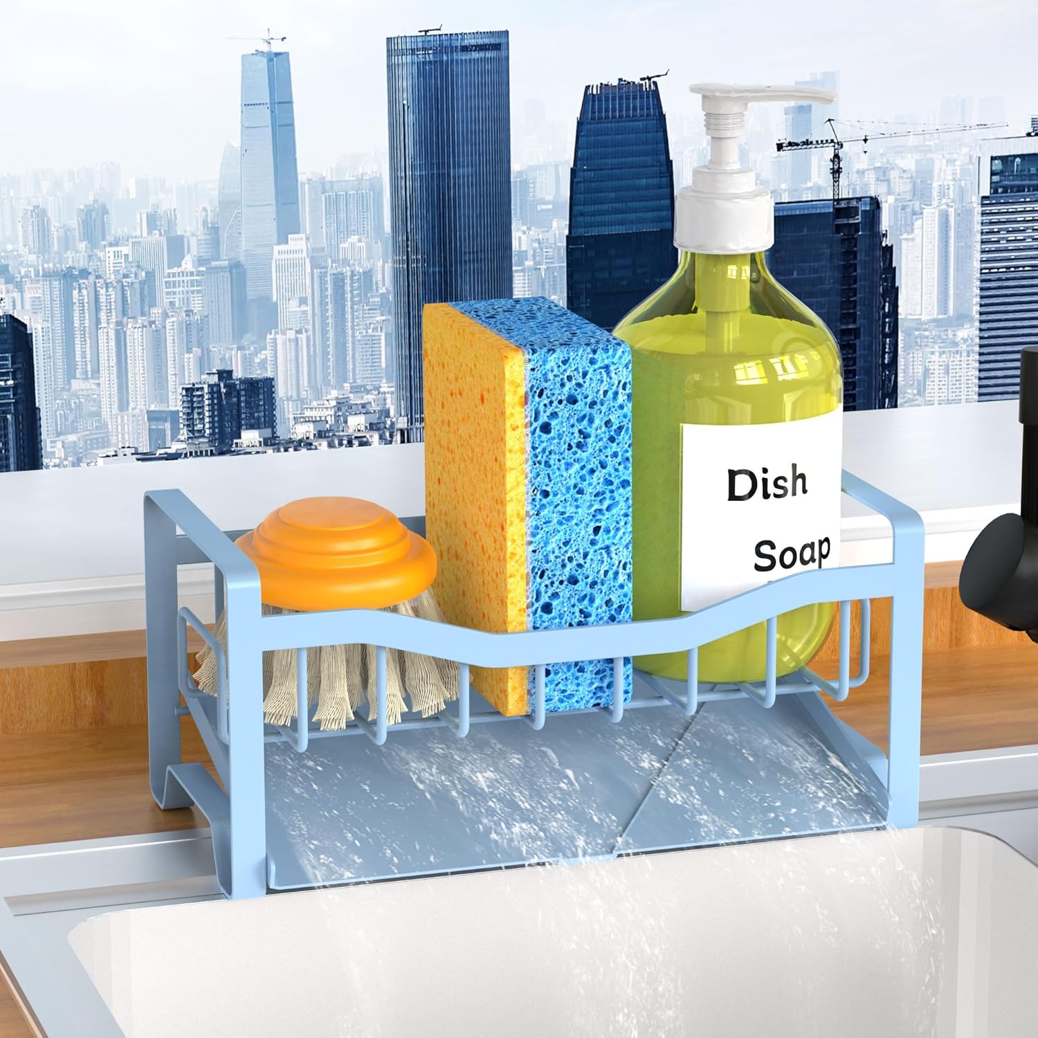 Maifan Stainless Steel Kitchen Sink Caddy Organizer with Auto Drain Tray, Sponge