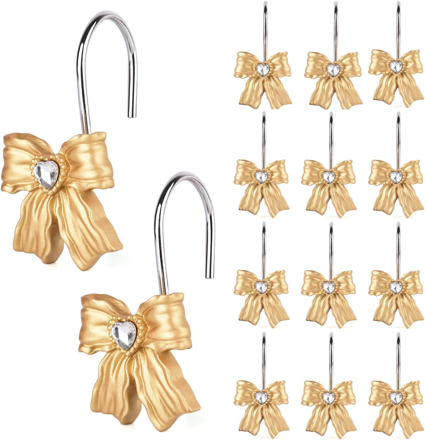 12PCS Shower Curtain Hooks Rings,Gold Bow Resin Curtain Hooks Shower Rings for B