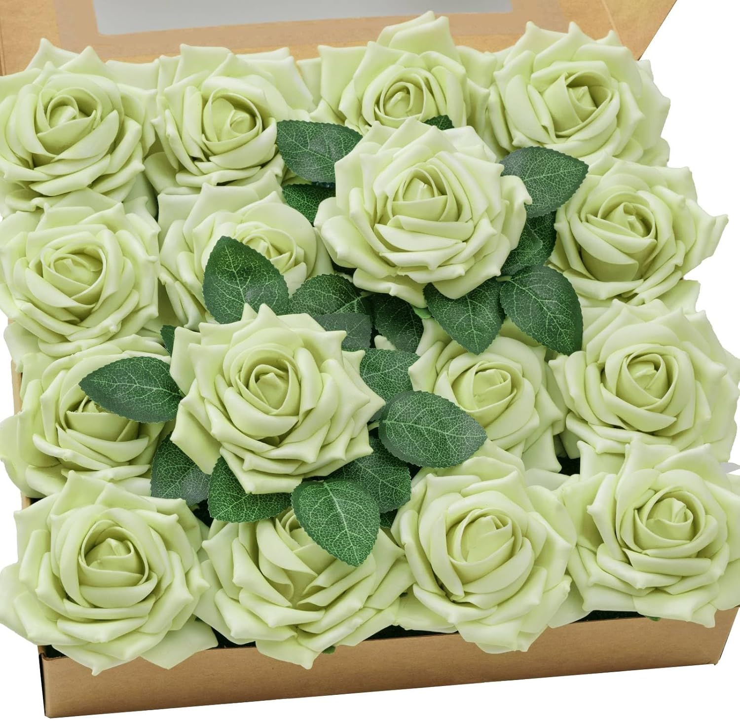 TINGE TIME Sharp Green Flowers Artificial 16pcs Real Looking Foam Fake Roses wit