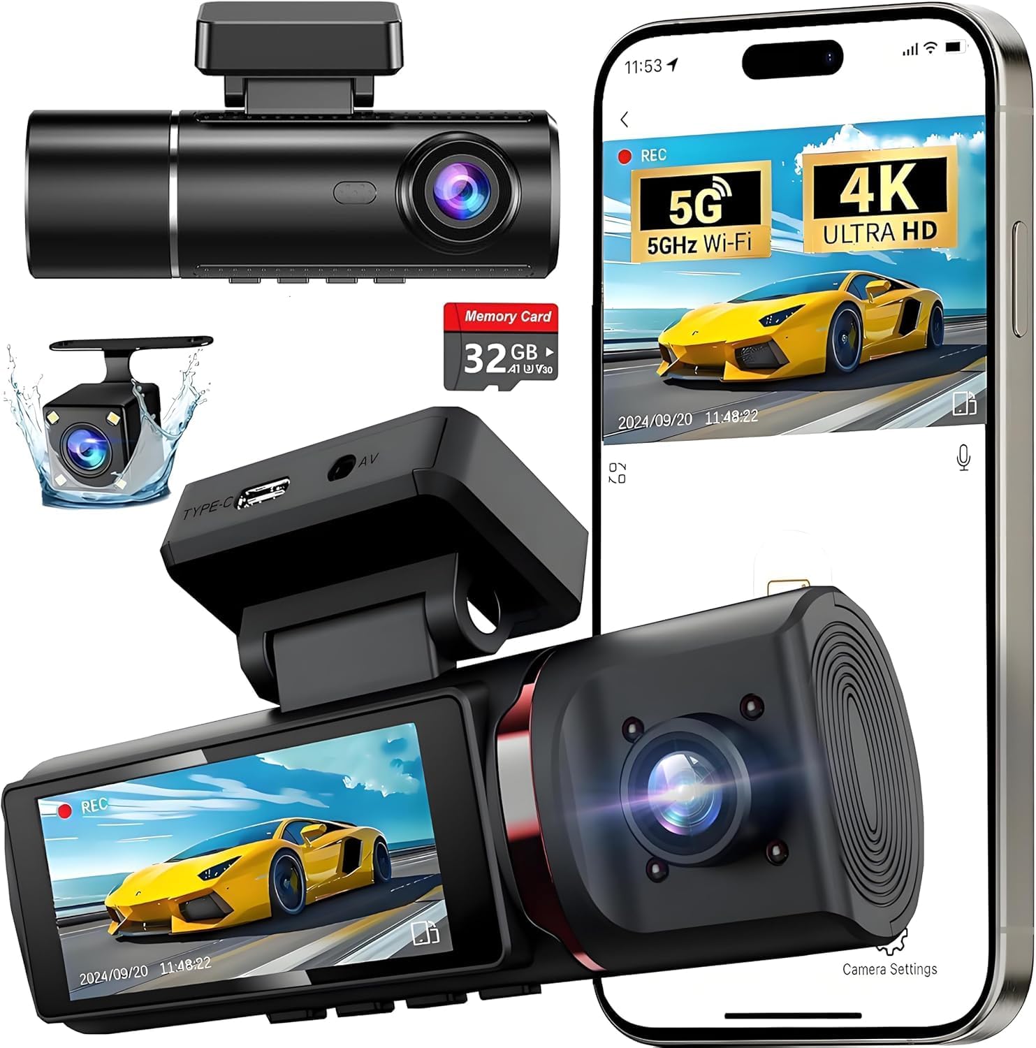 3 Channel 4K WiFi Dash Cam, 4K+1080P+1080P Front Inside and Rear, Triple Dash Ca