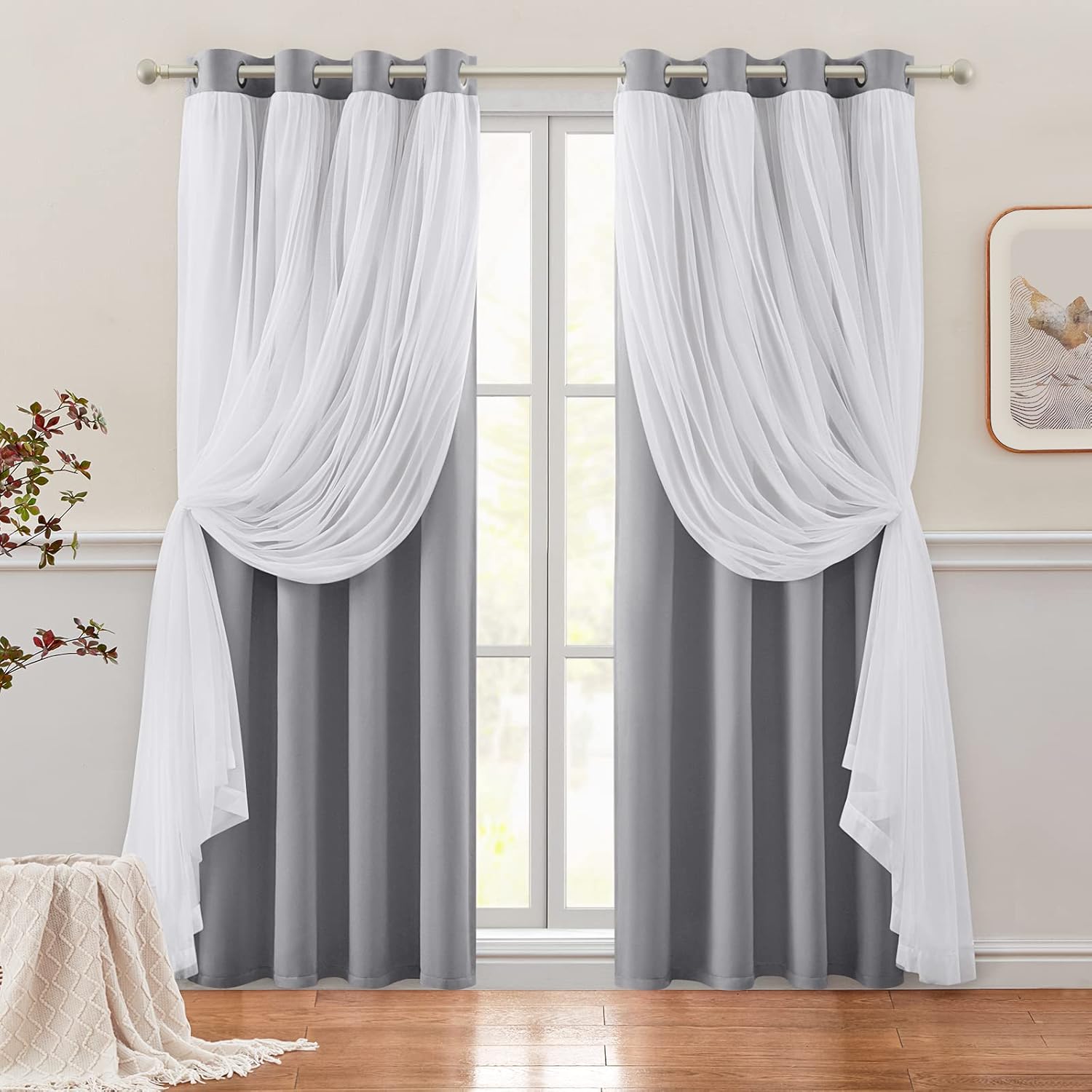 HOMEIDEAS Double Layer Curtains Light Grey Blackout Curtains 84 Inch Length 2 Pa