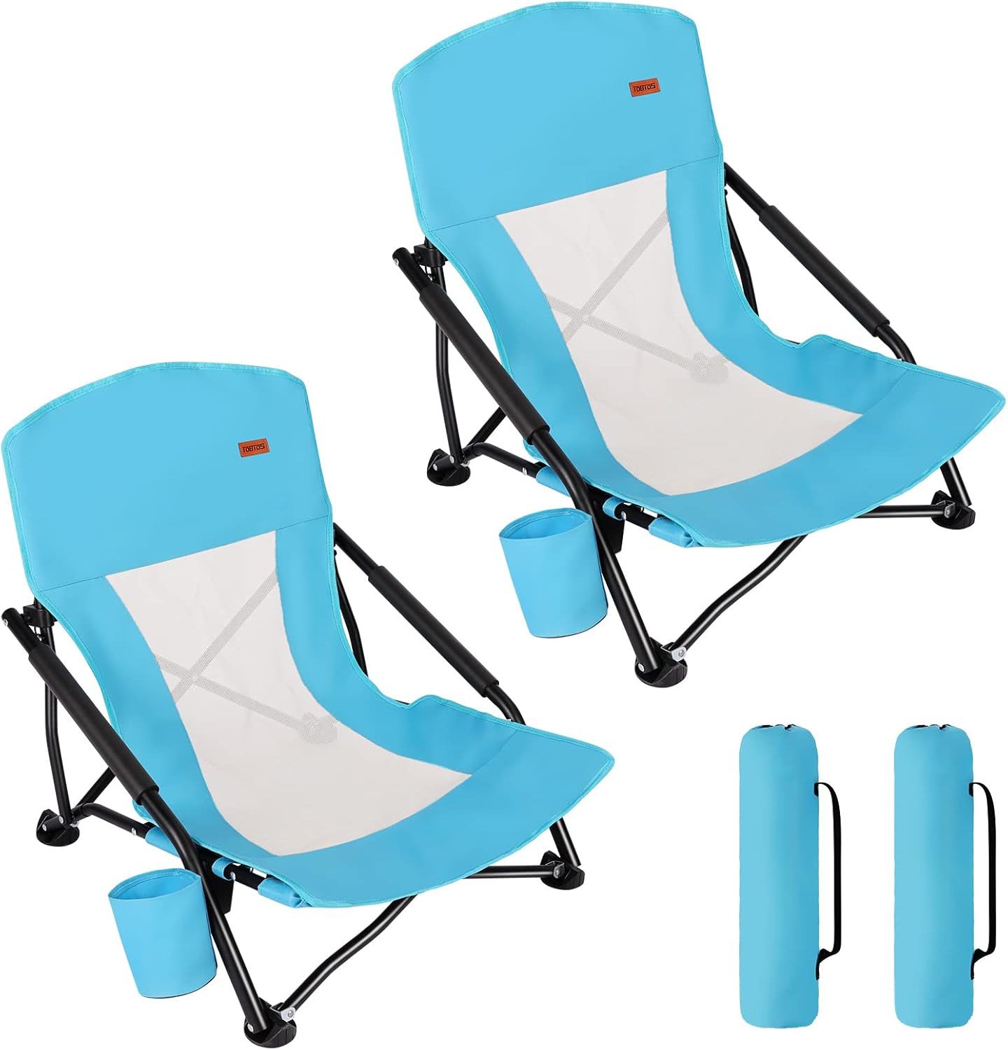 TOBTOS Low Beach Chair for Adults 2 Pack, Low Profile Folding with Cup Holder & 