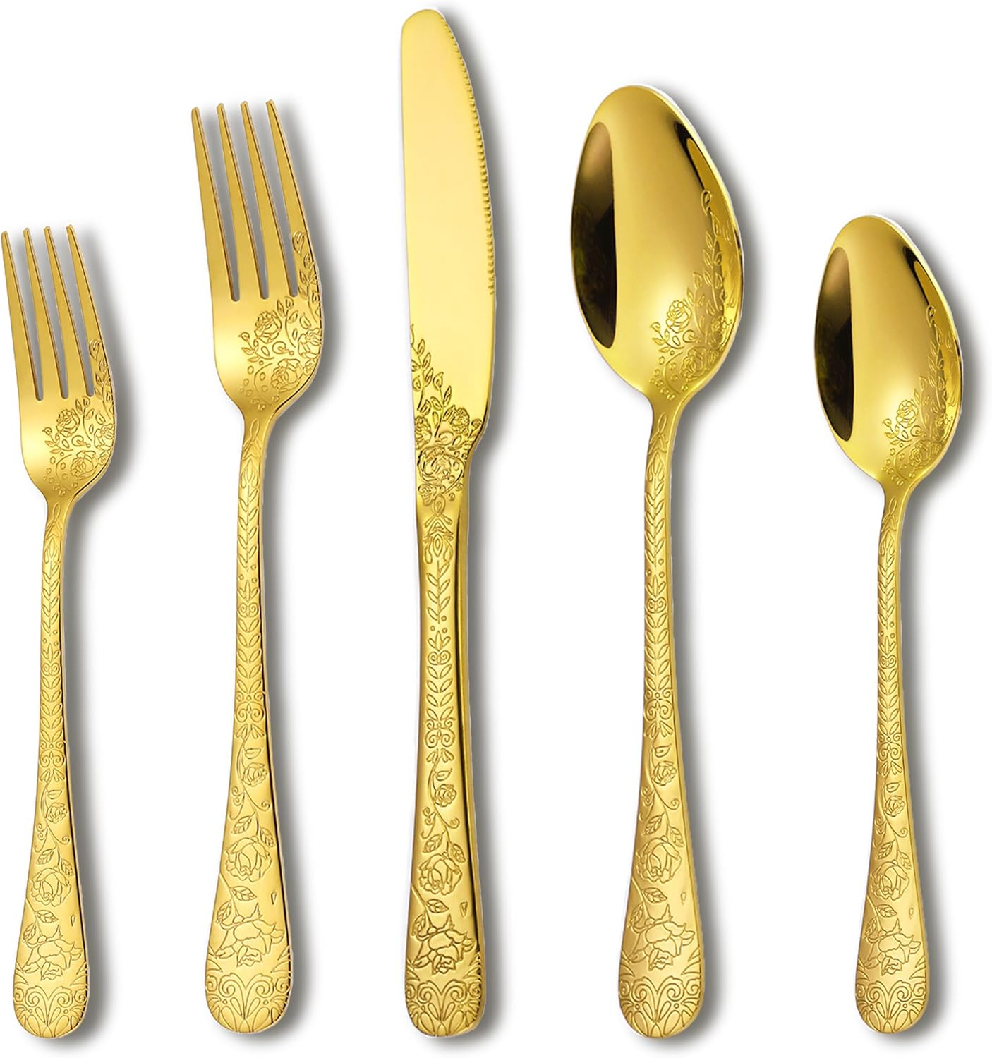 Runfly Vintage Carved Floral Gold Silverware Set for 4, Stainless Steel 20-Piece