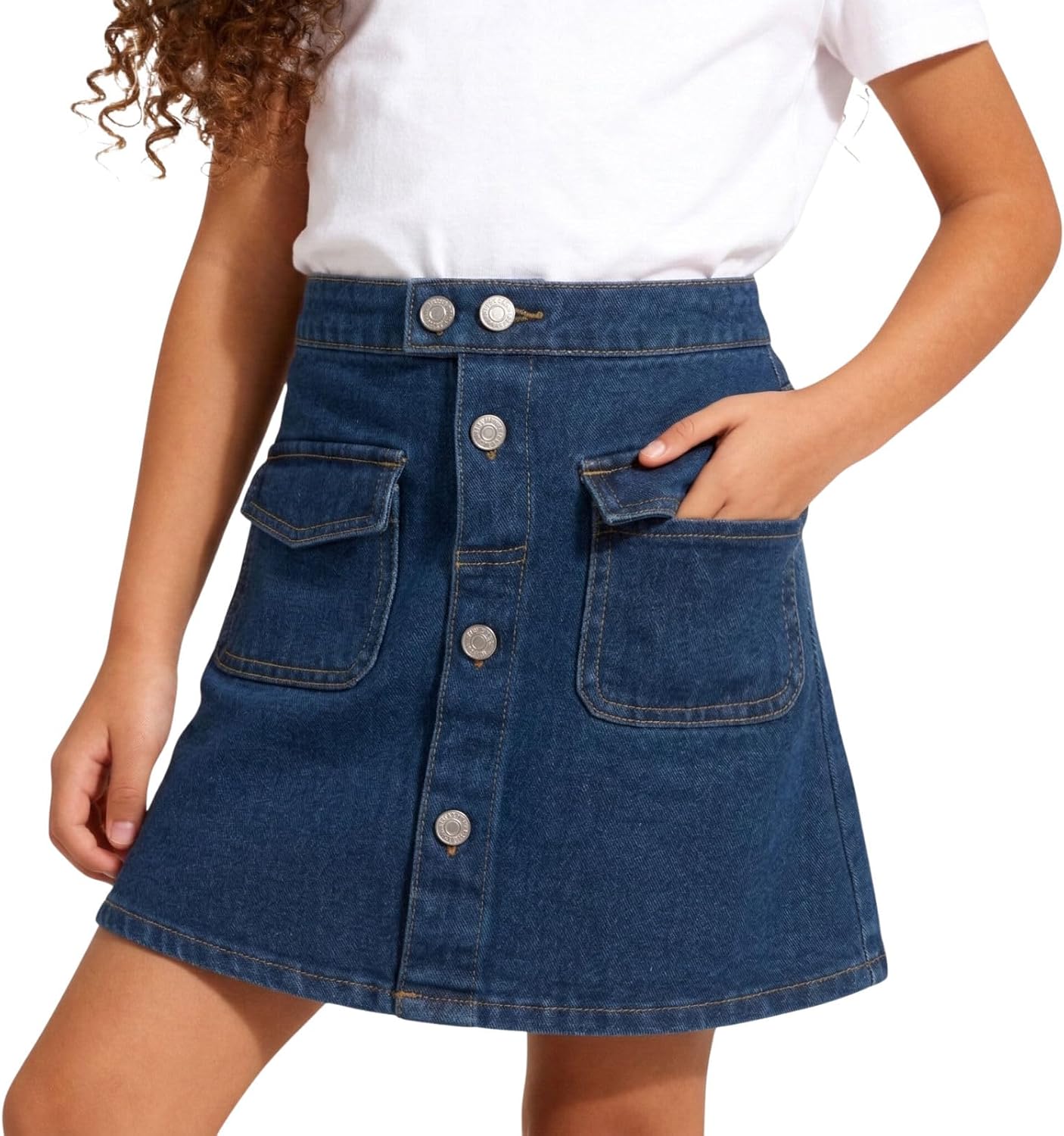 WELAKEN Denim Skirt for Girls Kids Elastic Waist Mini Jean Skirts with Pockets