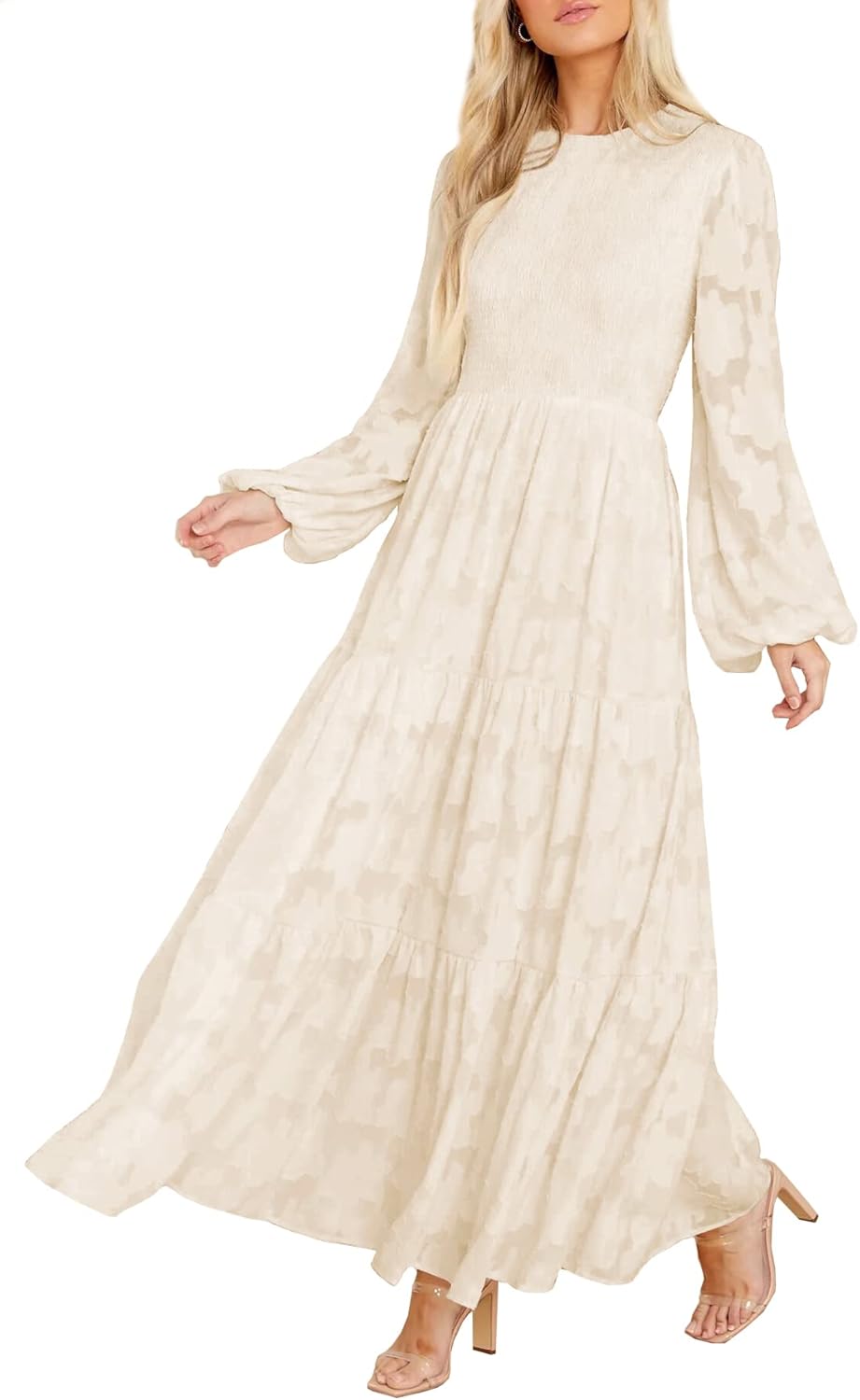 MITILLY Women's Elegant Floral Long Sleeve Round Neck Smocked A-Line Flowy Tiere