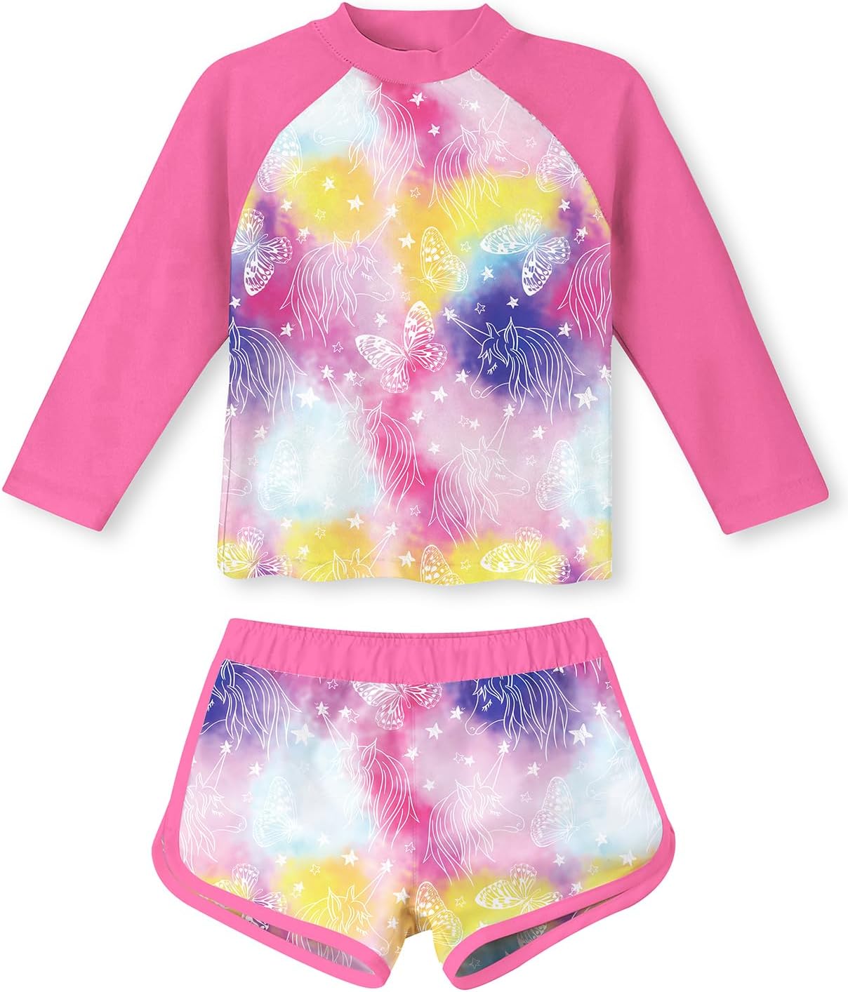 Girls Rash Guard Butterflies Swimwear 2 Piece Swimsuit Set Long Sleeve Swimsuit 