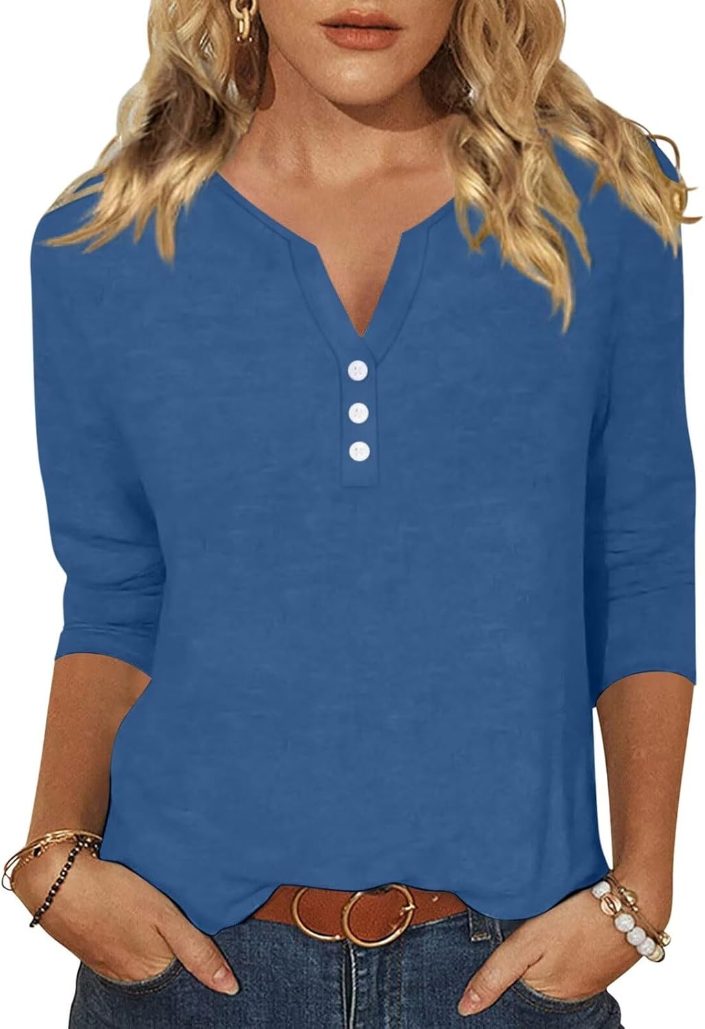 EADINVE Womens 3/4 Sleeve T-Shirts V Neck Buttons Tops Basic Tee Solid Color Blo