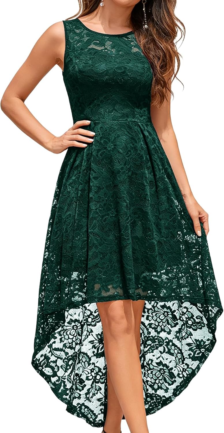 MUADRESS Sleeveless Bridesmaid Dress Tank Strap Floral Lace Hi-Lo Cocktail Dress