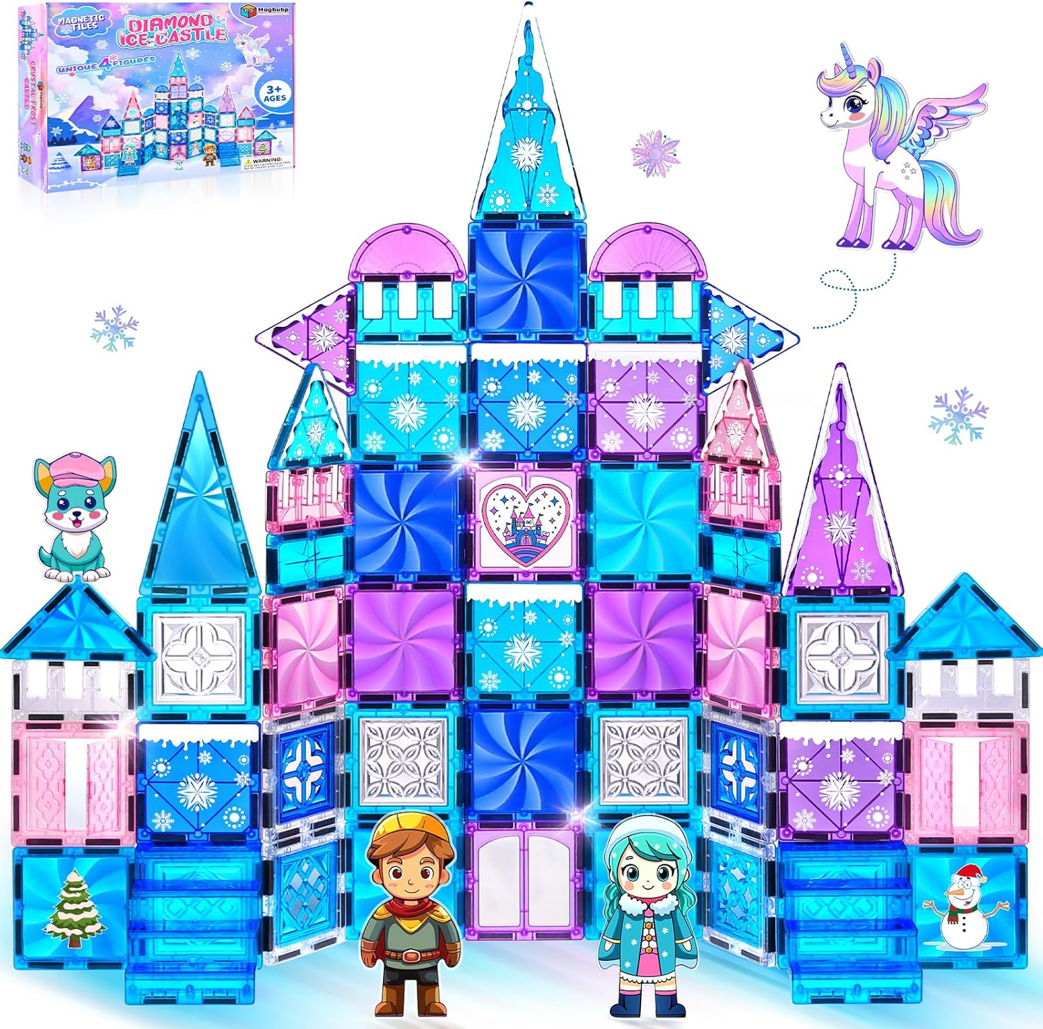 Princess Castle Magnetic Tiles 112PCS with 4 Dolls 2 Stairs & Magnetic Art Decor