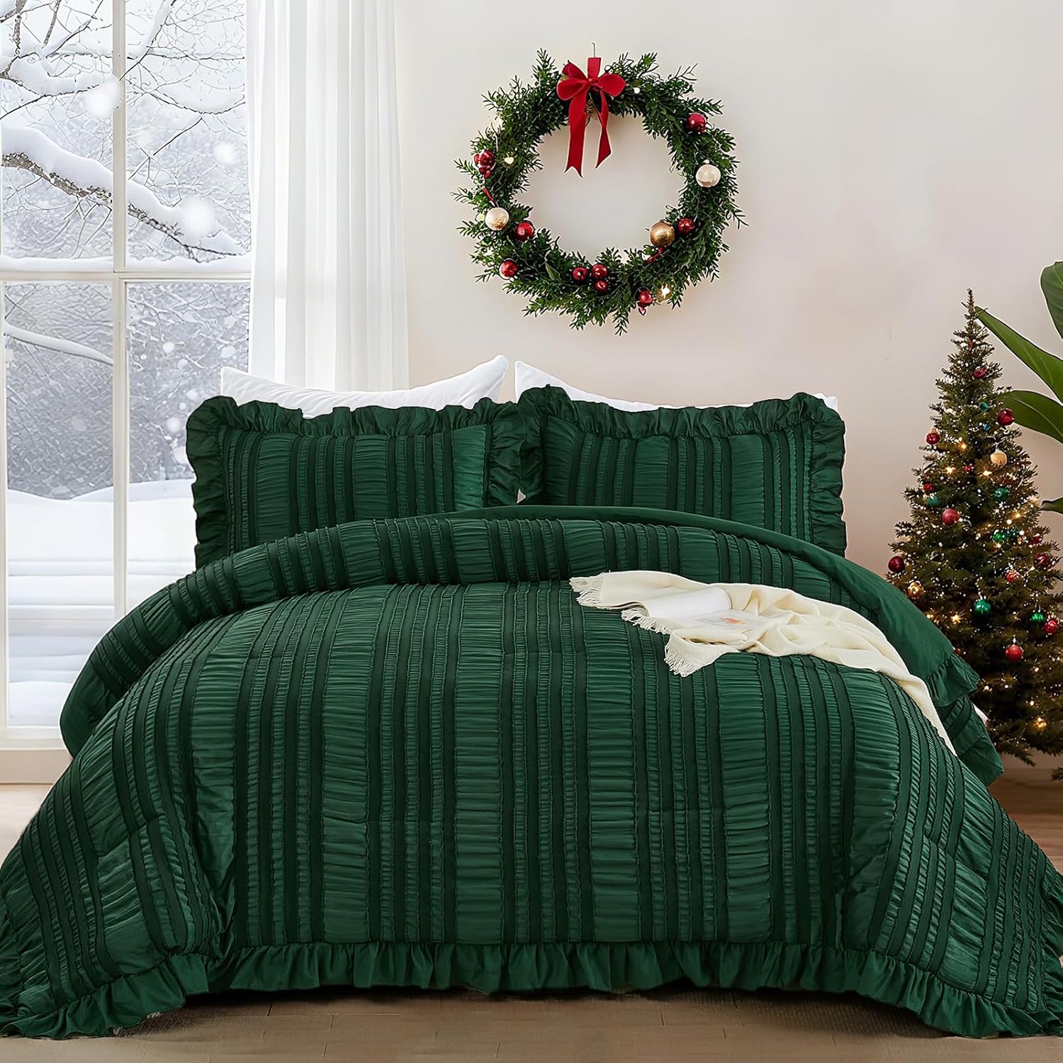 WONGS BEDDING Queen Size Comforter,Christmas Emerald Green Boho Comforter Set Qu