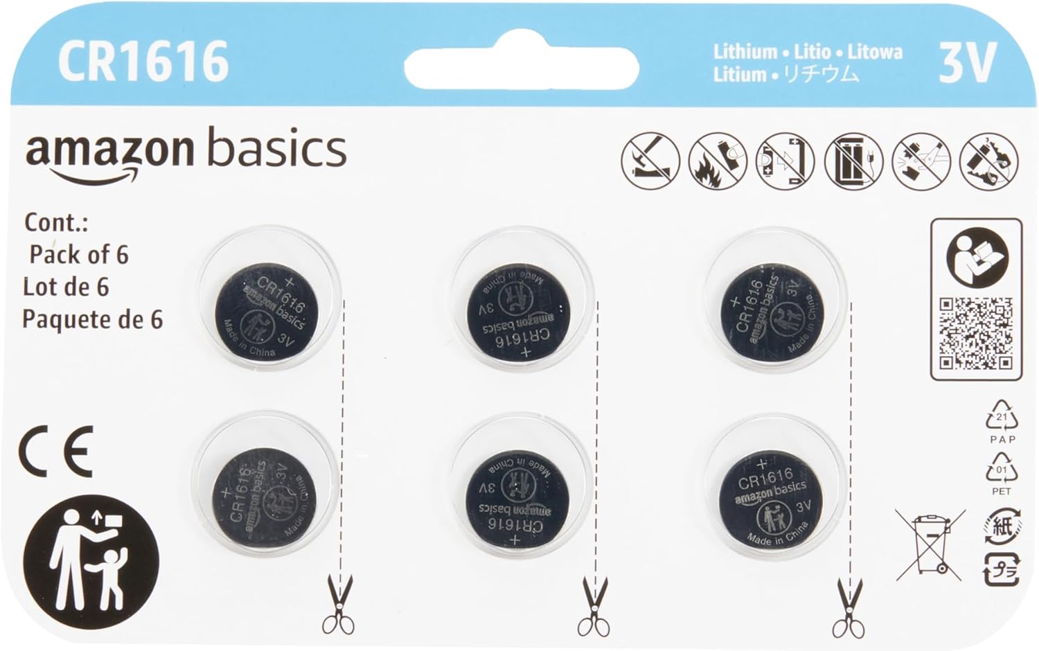 Amazon Basics 6-Pack CR1616 Lithium Coin Cell Battery, 3 Volt, Long Lasting Powe