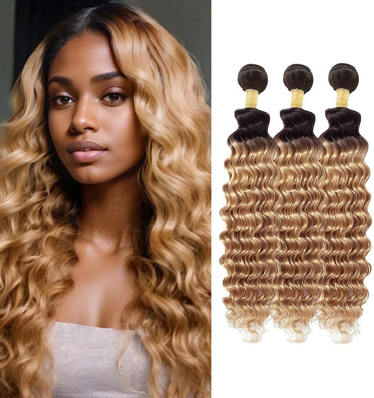 KODRHAR T1B/27 Ombre Honey Blonde Deep Wave Bundles Human Hair 26 28 30 Inch 12A