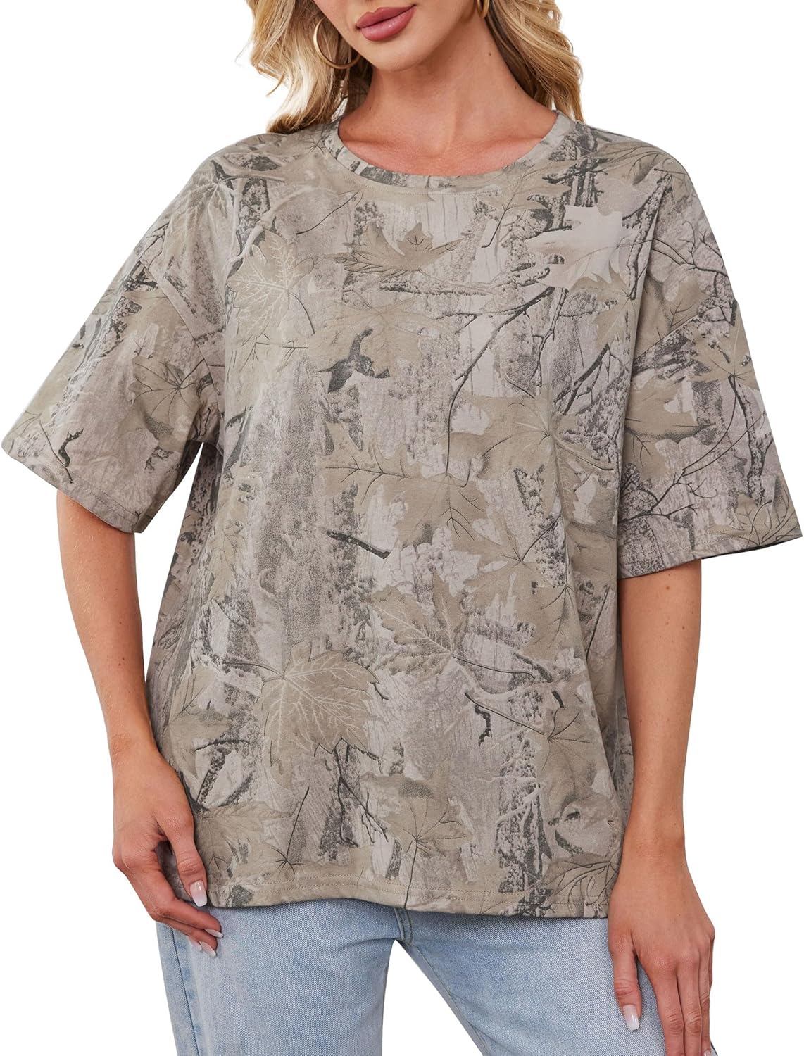 Eutten Womens Camo Shirt Maple Leaf Print Summer Tops Short Sleeve Oversized Cre