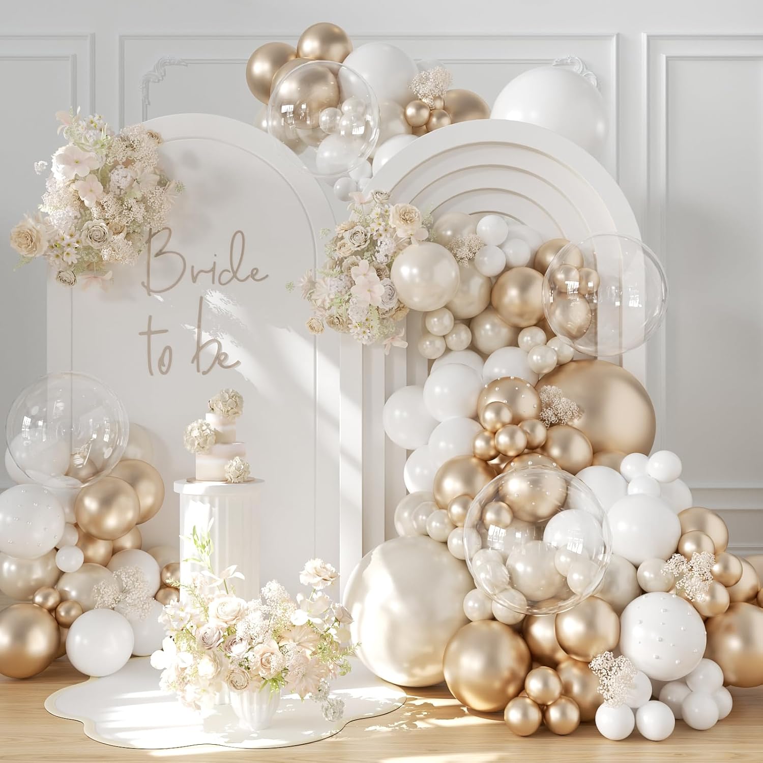 CROSSFINGERS Pearl Champagne Gold and White Balloon Garland Arch Kit, Double Stu