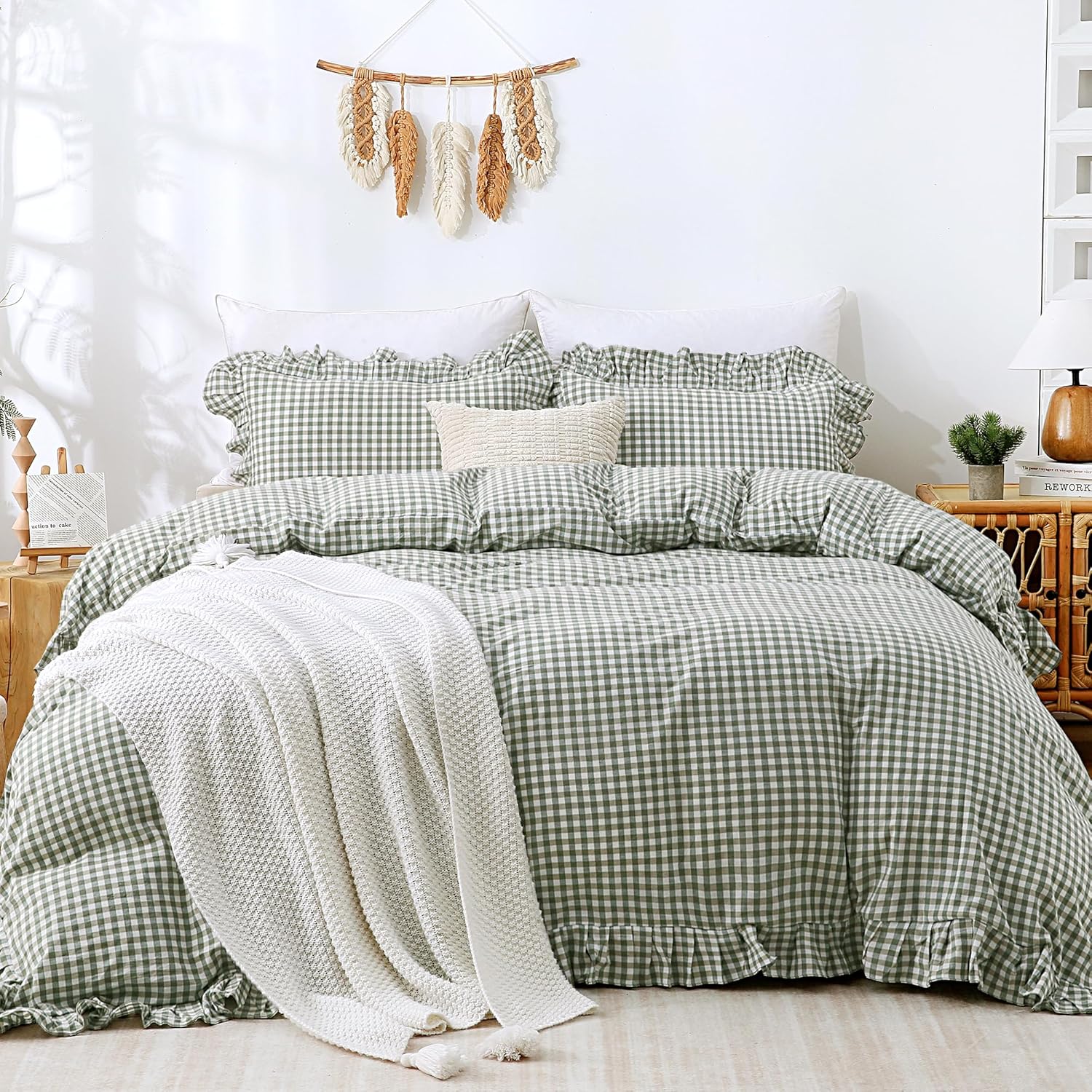 TOCOMOA Green Gingham Duvet Cover Bedding Set 100% Washed Cotton Like Linen Text