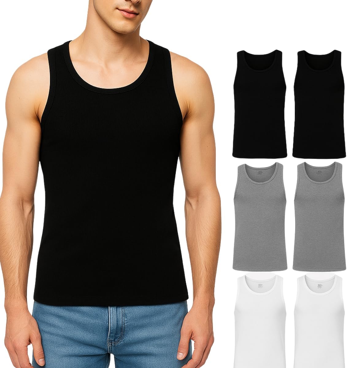 Athllete Men’s Athletic Fit Tank Tops 6 Pack - 100% Cotton Breathable Sleeveless