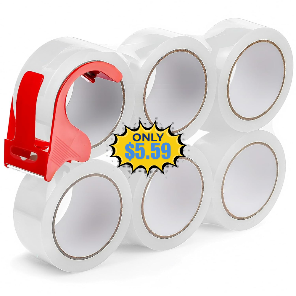 6-Pack Clear Packing Tape with Dispenser Free at Amazon