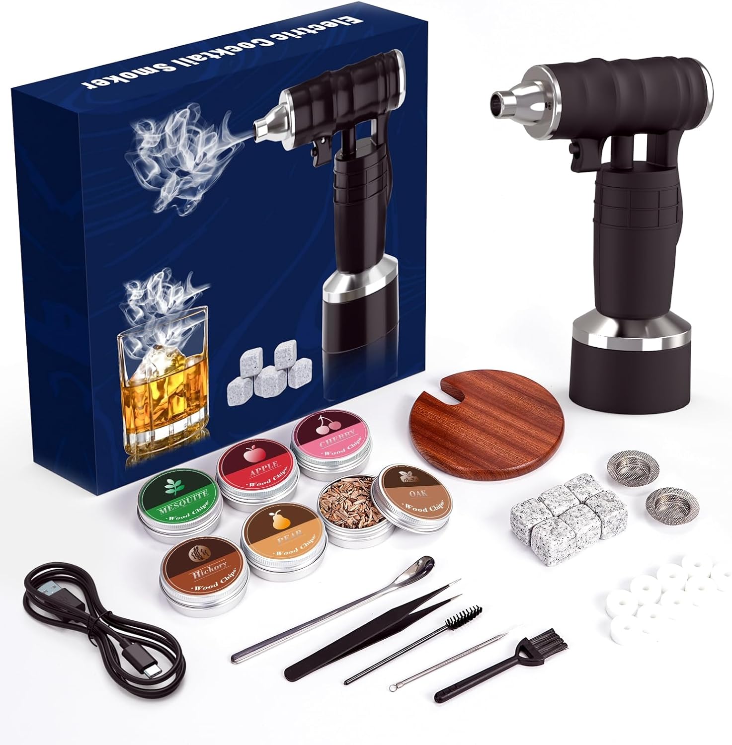Electric Cocktail Smoker Kit - Rechargeable Whiskey Smoker Kit with Smoking Gun,