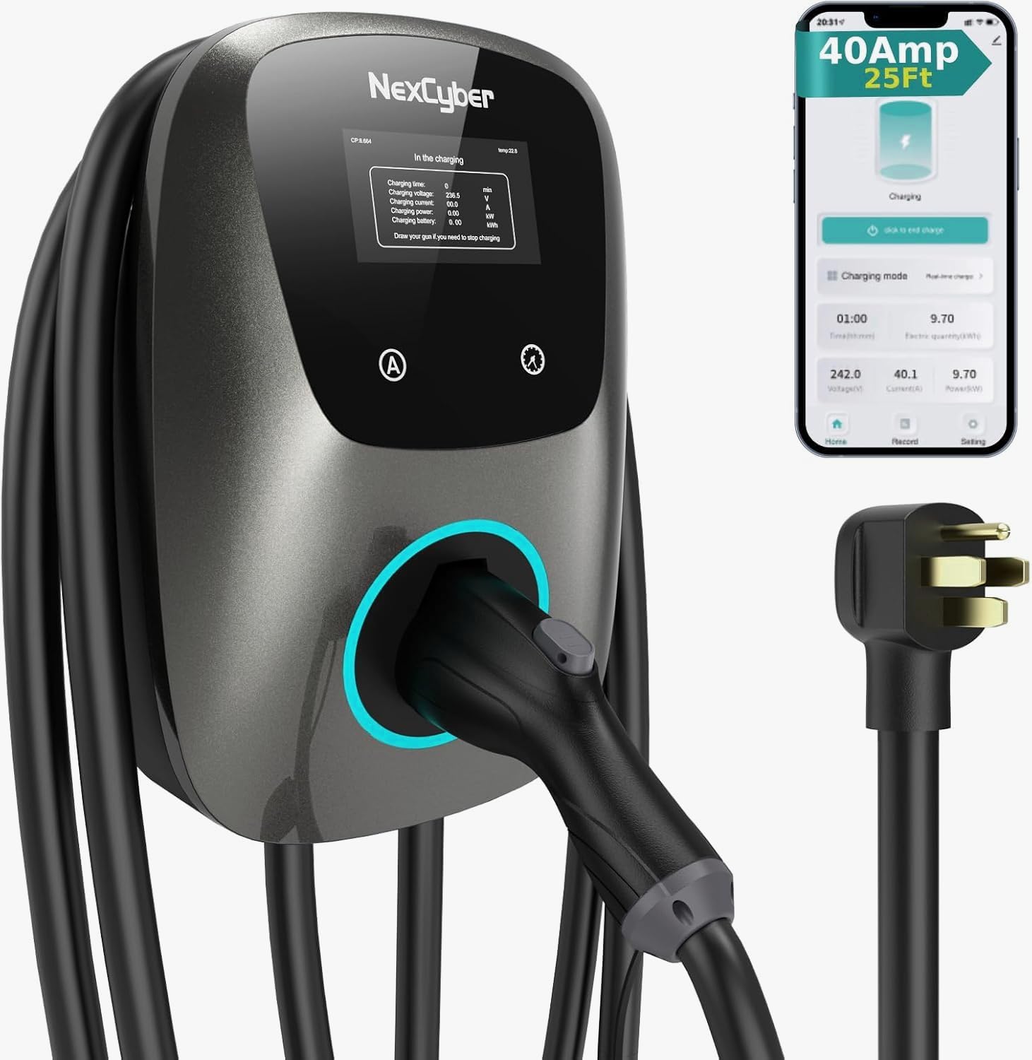 NexCyber Level 2 EV Charger(WiFi APP/Plug-Play), 40A, 25ft Cable ETL Certified, 