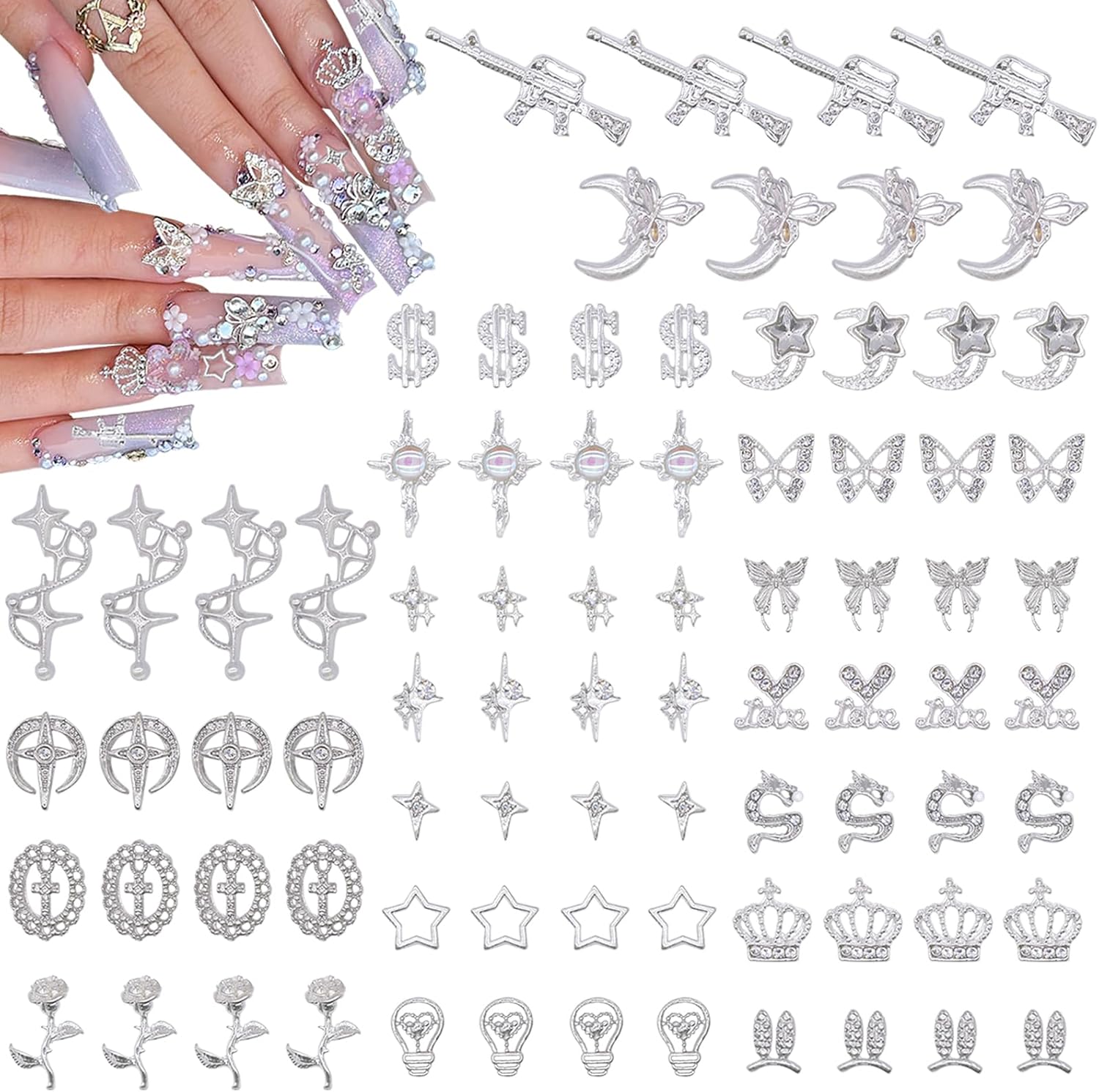 VCEOW 80pcs Silver Nail Charms Set Kawaii Y2K Nail Art Accessories with Cross,He