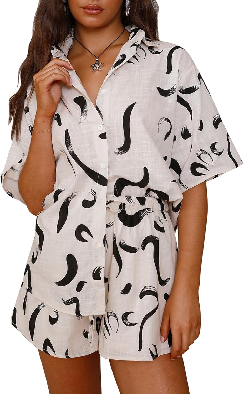 PRETTYGARDEN 2 Piece Sets for Women Summer Clothes 2026 Printed Button Down Shir