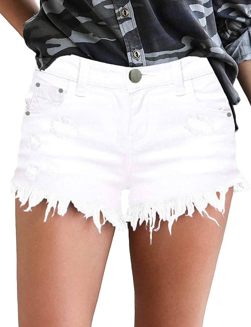 MODARANI White Denim Overall Shorts for Women Junior Ripped Mid-Rise Shorts Dist