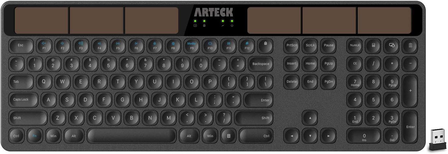 Arteck Wireless Solar Keyboard Full Size Solar Recharging Keyboard for Computer/