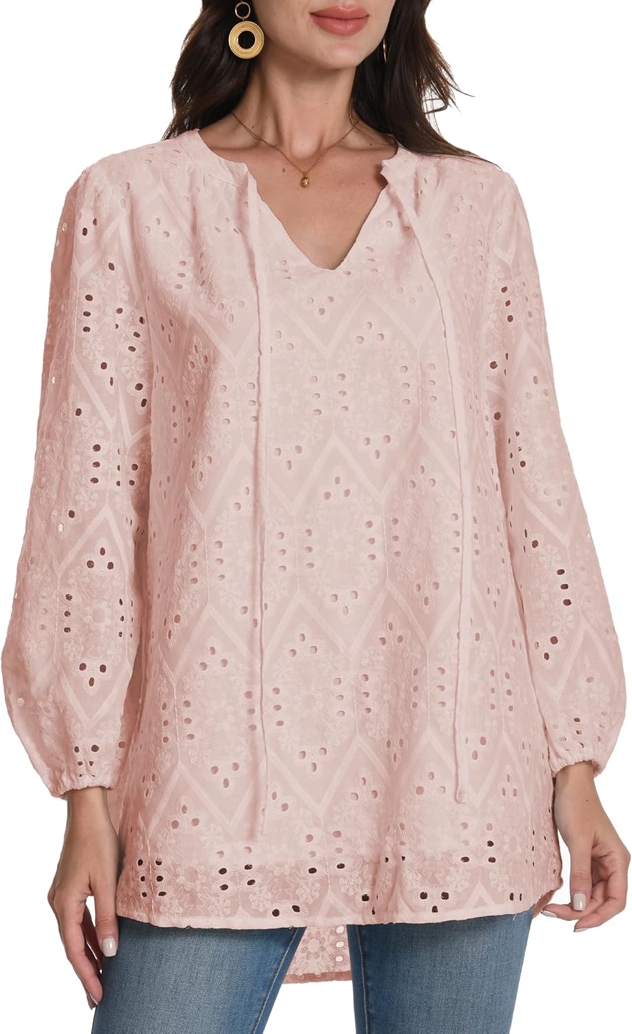 LUXEBOLD Womens Tops Dressy Casual V Neck Blouses Long Sleeve Tunic Hollow Out L