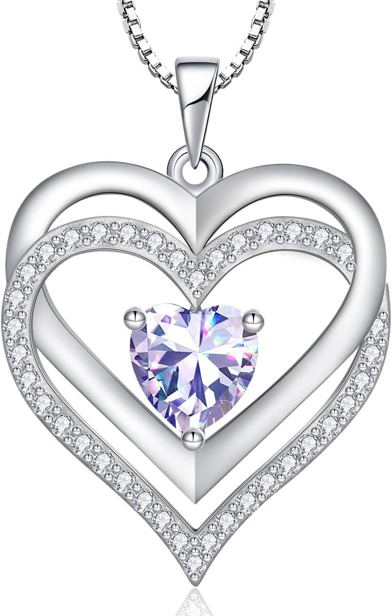 RIVIKO Heart June Birthstone Necklaces Gifts for Women, 925 Sterling Silver Love