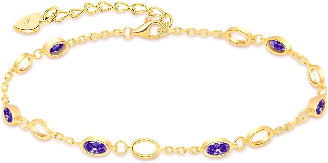 RIVIKO Feb Birthstone Bracelets for Women,925 Sterling Silver Gold Plated Dainty