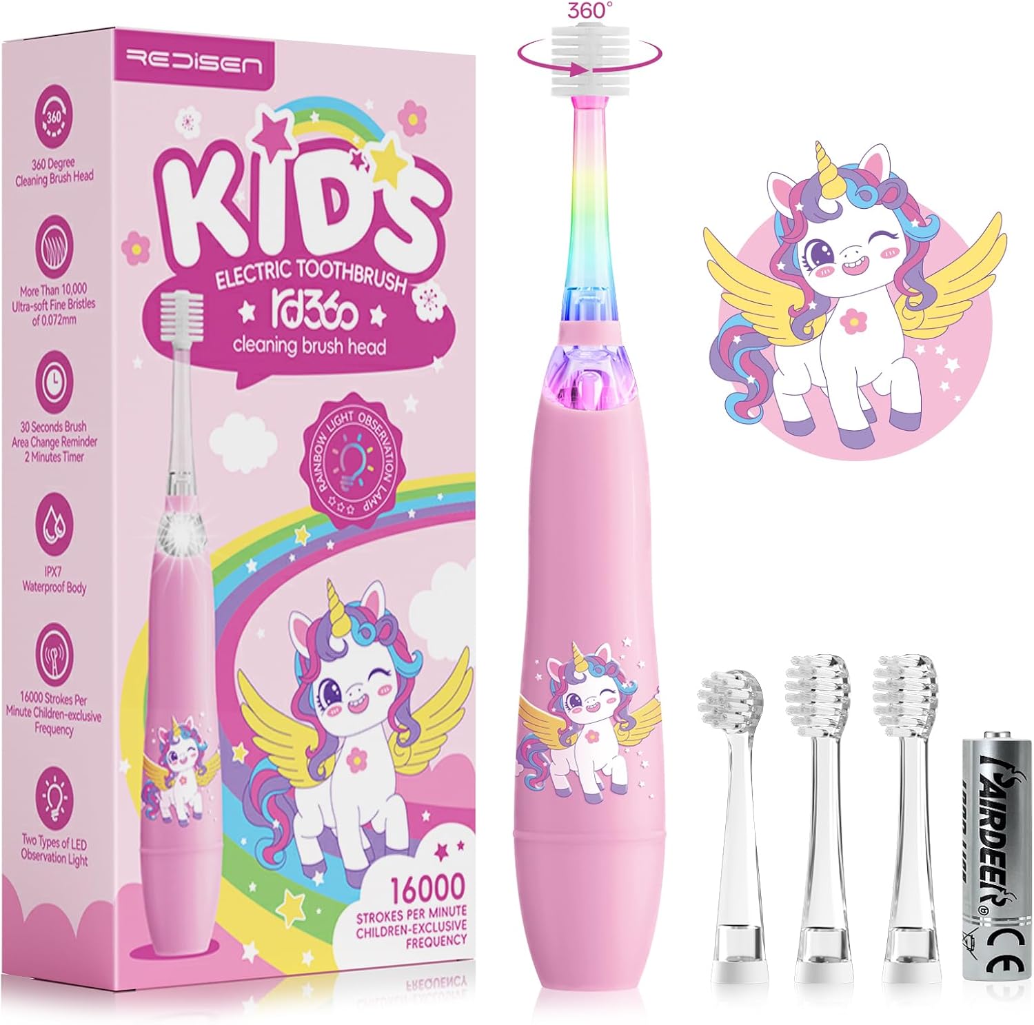 ReDISEN Toddler Electric Toothbrush with 360° Brush Head for All-Around Clean, B