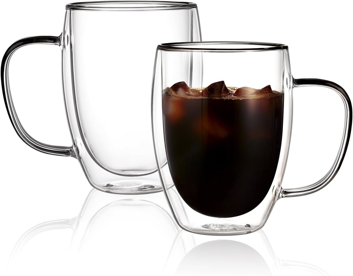 CNGLASS 12oz Double Walled Glass Coffee Mugs,Insulated Glass Mugs with Handle,Cl