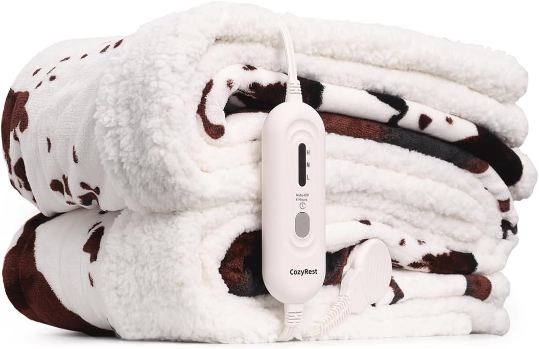 Cow Print Electric Blanket Heated Throw Blanket with 3 Heat Settings & 4-Hour Au