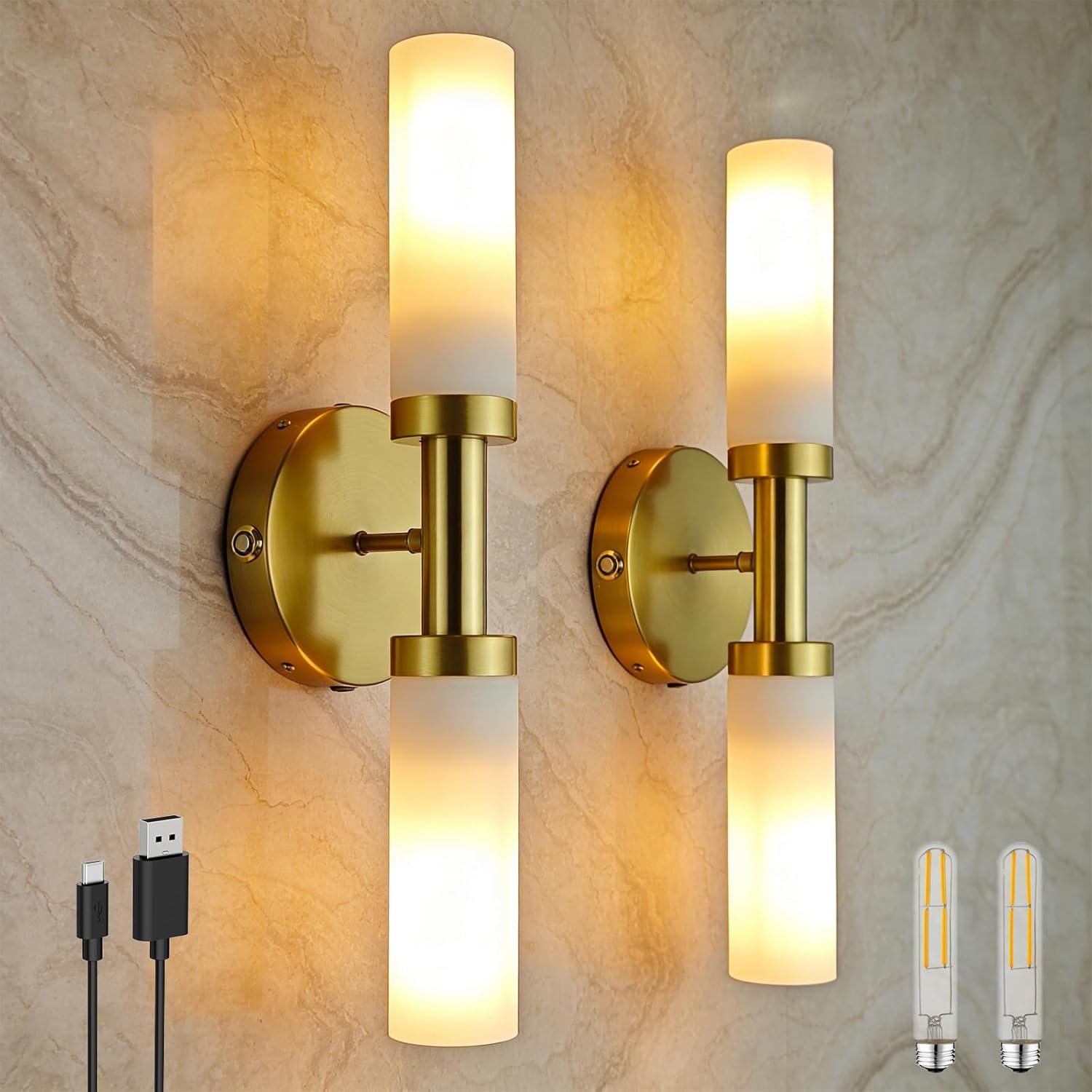 ThyFenno Dimmable Gold Battery Operated Wall Sconce, Rechargeable Bathroom Wall